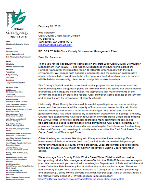 2018 Clark County Stormwater Management Plan comment