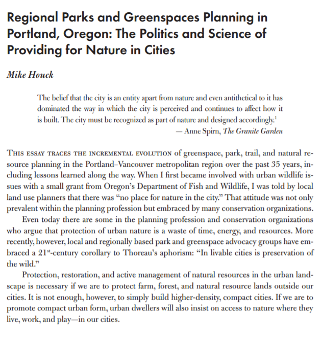 Regional Parks and Greenspaces Planning in Portland, Oregon: The Politics and Science of Providing for Nature in Cities