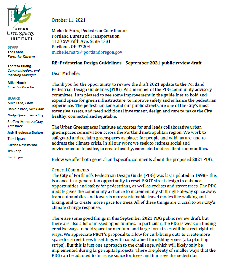 RE: Pedestrian Design Guidelines – September 2021 public review draft
